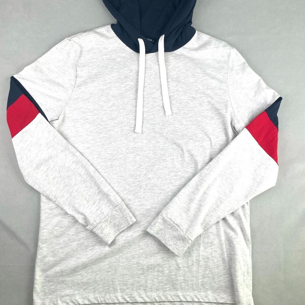 Forever 21 Hoodie Mens XL Gray Navy Red Colorblock Pullover Hooded Sweatshirt‎